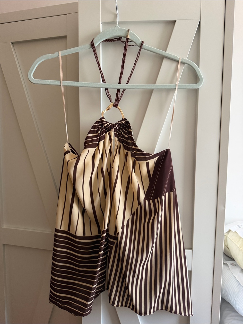 Zara Brown & Cream Striped Satin Halter Cami